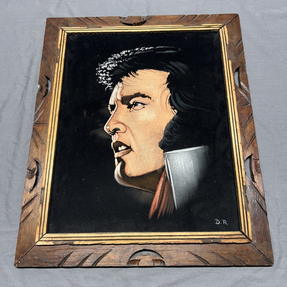VINTAGE 1970S VELVET ELVIS PAINTING MEXICO WOOD FRAME 24”X20”