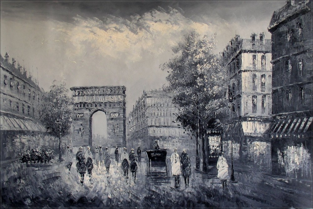 Old Paris Street w/ Victory Gate, Hand Painted Oil Painting B/W 24x36in
