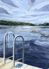 Original Watercolor Lake Landscape, Swimming Dock Painting, Summer Nature Art A4