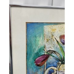 Oil Pastel Still Life Art Fruit & Flowers William Llewellyn Hoey Framed 24”x20”