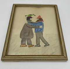 Folk Art Watercolor Painting Symbolism Men Hug Bird Gnome Cap Sign Alliman Vtg