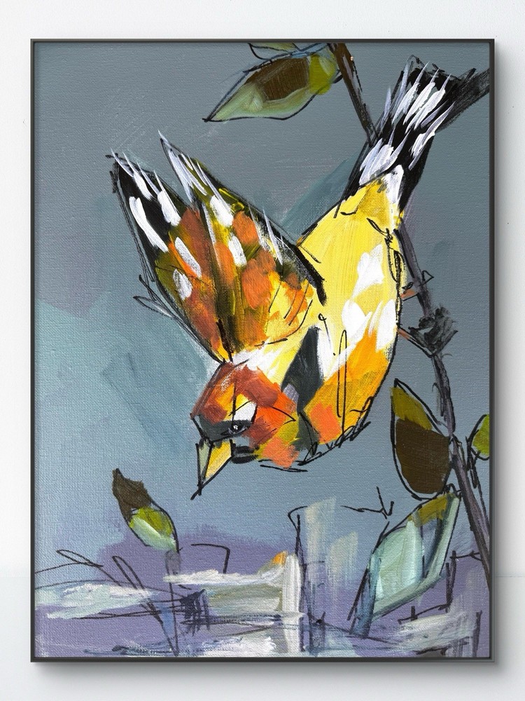 Original Abstract Expressionism 12×16 Goldfinch Colorful Signed Fine Art 535