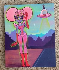 Alien Girl Original Art Set – Groovy Pink Alien Babe & 2 Green Alien Mini Art