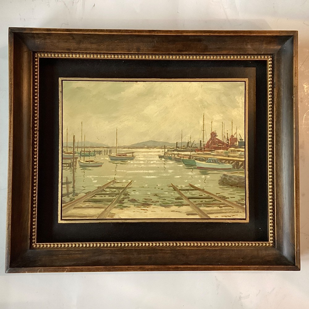 1970 Australian SIGNED painting SANDS landscape HARBOR seascape boat Leslie Bill
