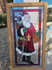 Antique Stained Glass Hanging Window Panel Santa Claus Christmas 37 INCH X 21 IN