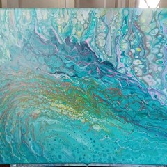 Abstract Fluid Art Painting on Canvas Panel – Teal Turquoise Blue Green