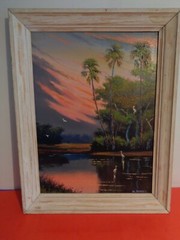 Willie Daniels Signed (Florida Highwayman) Marsh Sunset w/ Egrets Oil on Canvas