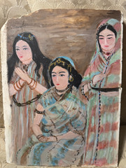 Vintage „Three Asian Females Scene“ Oil On Marble Slab Painting