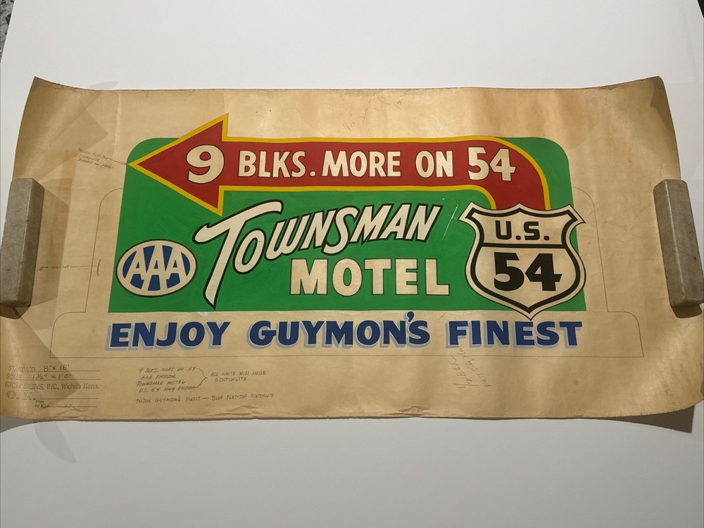 Antique Painting Route 54 Illustration Large AAA Guymon Texas Motel Trade Sign