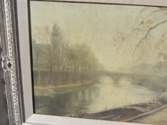 French School old impressionist painting Seine River bridges Paris signed Metot?