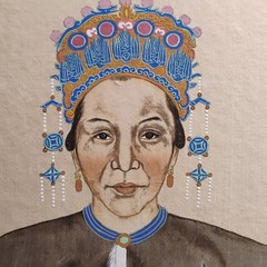 Vintage Gouache Painting On Silk Fabric Chinese Empress Seated On Throne 45×27