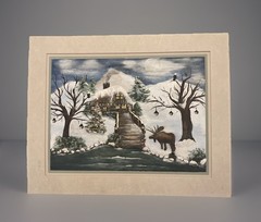 Vntg Christmas Folk Art Painting Cabin Snow Tree Moose 16” X 20” Original