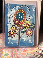 Aceo Art Card Original Mixed Media Signed By Artist Whimsical Tree With Flowers
