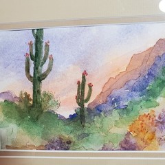 Original Watercolor Painting Arizona Landscape Saguaro Cactus And Mountains