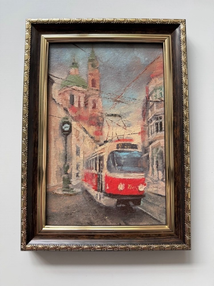Original Oil Painting Framed Cityscape Tram Street Art 4х6 in Signed
