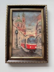 Original Oil Painting Framed Cityscape Tram Street Art 4х6 in Signed