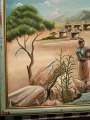 African Village Oil On Canvas Painting by J.H Chilungo 17 1/2 x16 1/4 H Framed