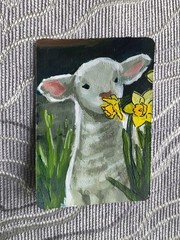 ACEO Original Art, Cute Happy Lamb Flowers, Acrylic Painting, by craftyleaf_art