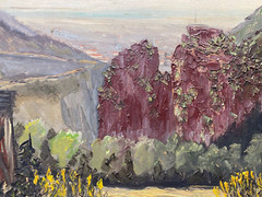 ::OIL PAINTING INDISTINCT. MONOGR.HUNTER STAND ON THE PLATFORM IN FRONT OF RED MOUNTAIN WALL