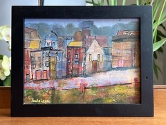Paula Metcalf Lazar Original Painting Town City Scene Framed in Black Frame