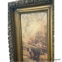 antique oil painting on canvas 1880s gilt frame farming scene horses signed