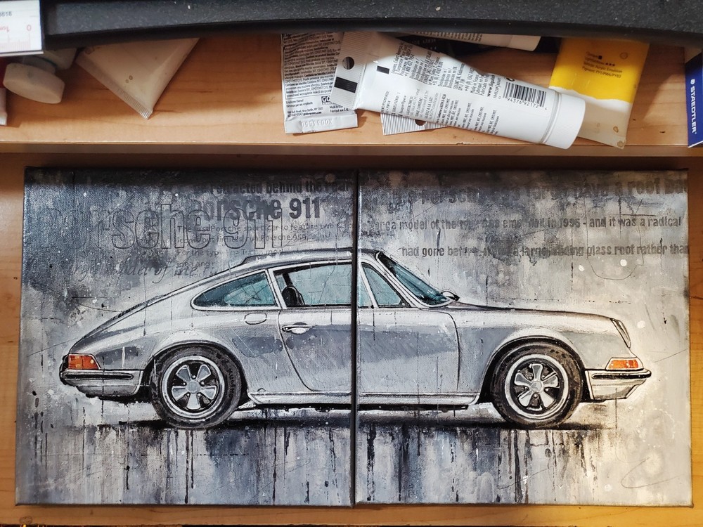Porsche 911 Turbo 1972 Silver Sports Car Artwork Hand Painted Canvas Wall Decor