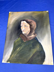 C.1950 Elderly Woman’s Portrait Oil on Paper 18″ x 15″ Mature Lady w/ Head Wrap