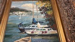 Impressionist Style Canvas Oil Painting Boats In Harbor Scene Ornate Frame
