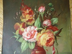 Still Life Painting on Canvas Flower Arrangement in Vase Floral Moody Burgundy