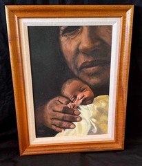 1985 Hawaii Koa Framed Oil Painting of Mother & Child by Edwin Kayton (FeC)
