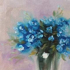 Blue Floral Bouquet Original Oil Painting Impressionist Still Life Wall Decor