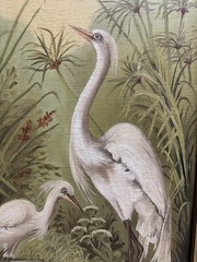 Antique 39×15” Water Lilies Cranes Oil Painting Birds Floral Landscape Lake SGND