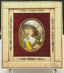 ANTIQUE ZULEY MINIATURE PAINTING PORTRAIT, LADY WITH HAT, FRAMED, SIGNED, c1920