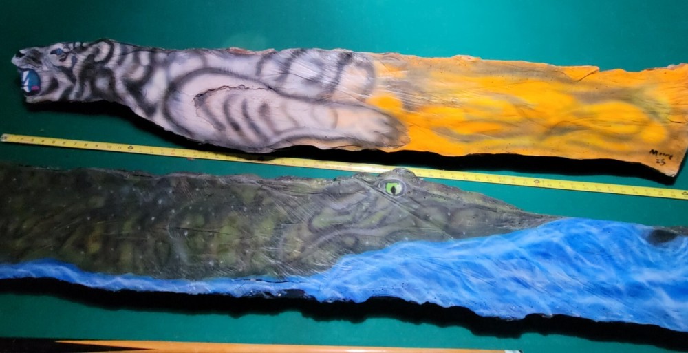 Pair Of Animal Natural Shaped Wood Log Paintings
