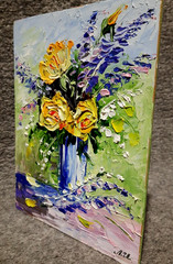 Yellow roses in a vase. Oil painting 6×8 inches. Handmade. Artist from Ukraine.