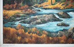 Vintage Fall Landscape Oil Painting Hal Sautter Mountain River Waterfalls 31×39″