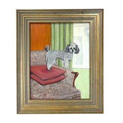 Vtg 50s Dog Portrait Gray Poodle Armchair Framed Oil Painting Signed M. Nearing