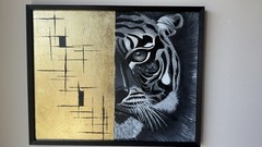 Golden Gaze” — Modern Interior Tiger Portrait | Gold Leaf Mixed Media Painting