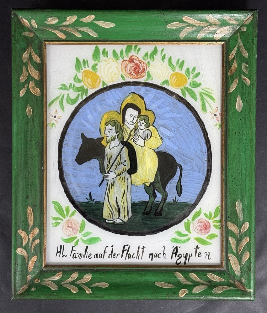 Antique Framed Reverse-Painted on Glass Holy Family Religious Folk Art Icons
