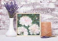 peonies original oil painting, white peonies wall art, square flower painting