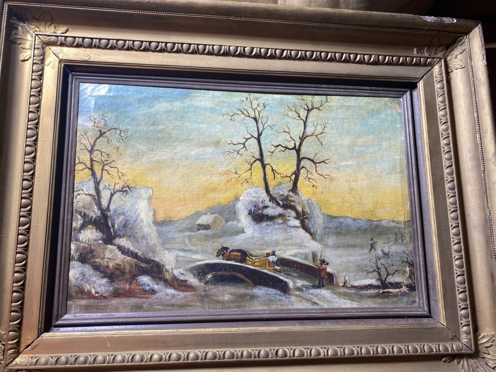 Large Antique „Winter Landscape With Figures Scene“ Oil Painting – Signed/Framed