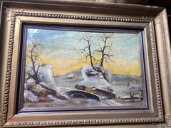 Large Antique „Winter Landscape With Figures Scene“ Oil Painting – Signed/Framed