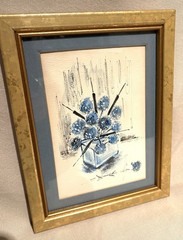 Original Vtg Small Watercolor Painting Gold Framed Art Blue Flowers Floral 9×7