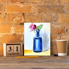 Vintage blue vase and pink rose 8×10 in COLLECTIBLE ART impressionism UKRAINE