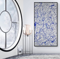 XXL Jackson Pollock Style Blue & Pearl Abstract Art Textured Painting 78×39 in