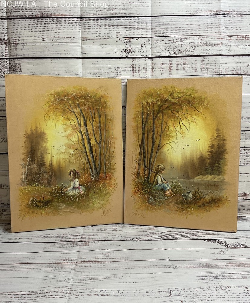 Set of Two Vintage Painting Boy and Girl by the Creek by Gloria Abeyta Signed.