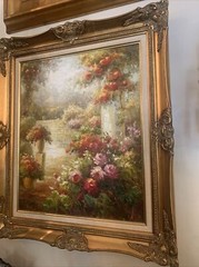 Beautiful European garden scene oil on canvas Framed￼ 27 1/2 “wide￼ 31 1/4 Tall