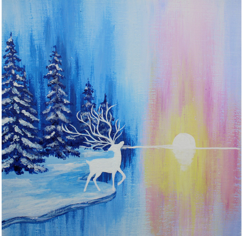 Original Acrylic Painting on Canvas Winter Landscape and Deer Wall Decor