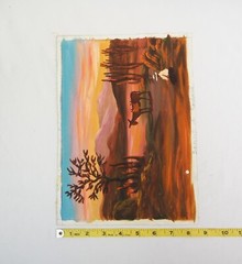 Vintage Hand Painted Peruvian Painting of a Landscape w Mountains, Cacti, Donkey