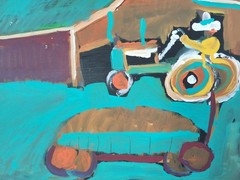 Jimmy Lee Sudduth Folk Art Landscape Painting of Tractor and Barn